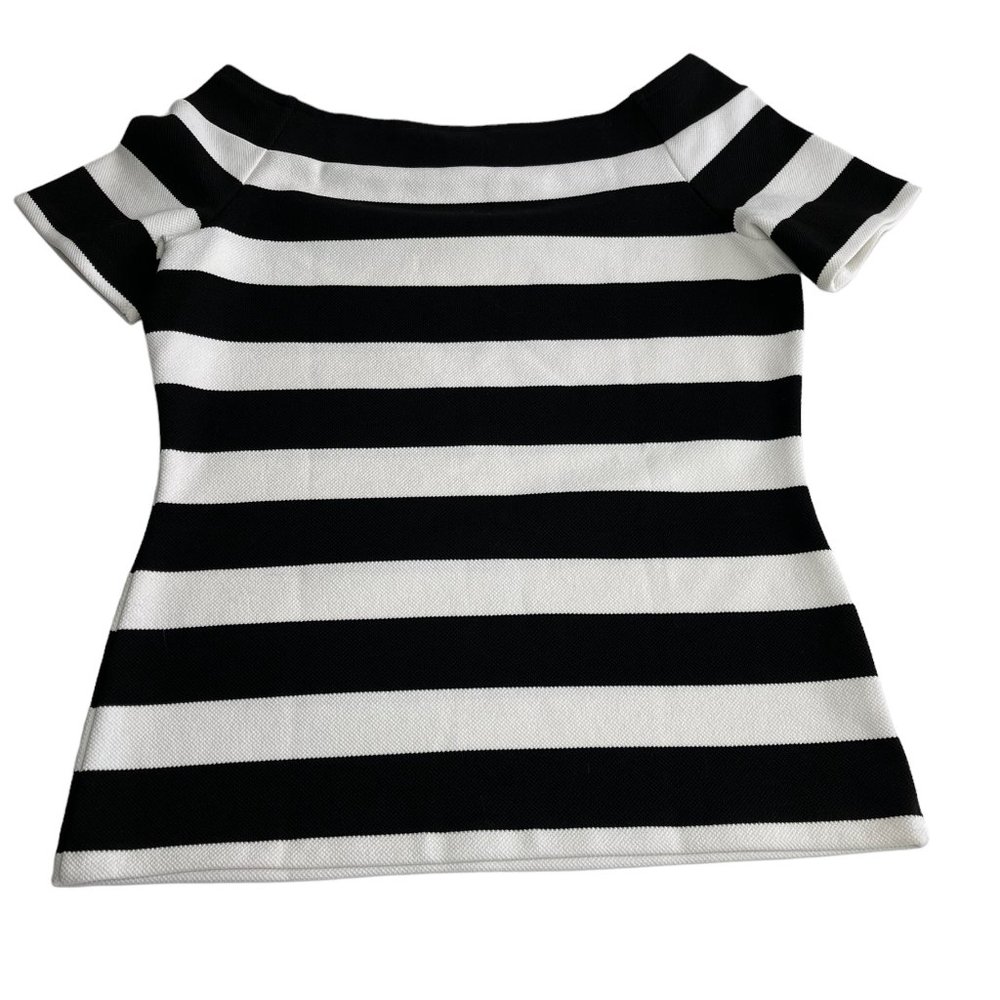 Ann Taylor Factory Black and White Fitted Off the Shoulder Short Sleeve Top SZ M - Picture 2 of 5